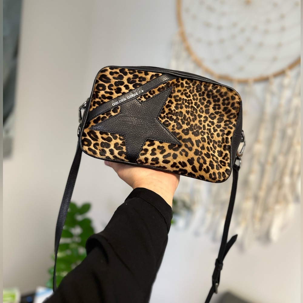 GOLDEN GOOSE Star Bag in Leopard-Print Pony Skin Black Leather Camera Bag